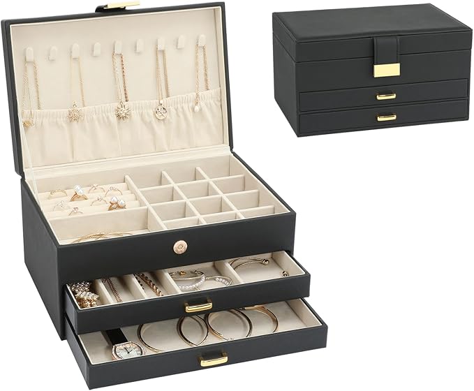 Jewelry Holder Organizer, Leather Jewelry Set Box with 2 Drawers, Jewelry Storage Box for Women Girls(Black) by HOME