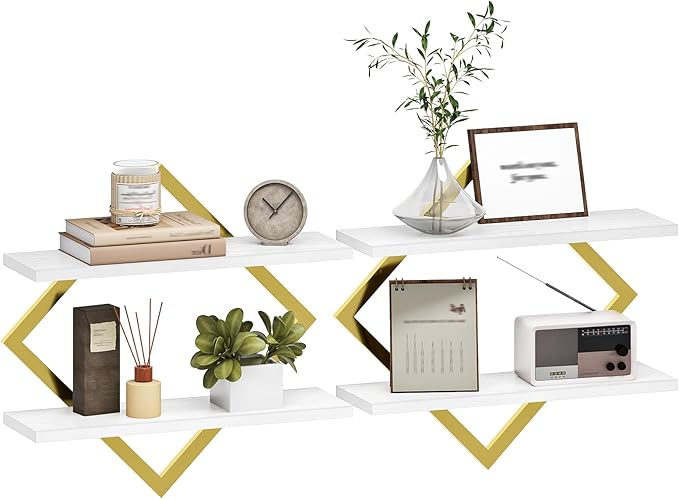 CHOEZON Floating Shelves for Wall, Set of 2 Wall Mounted Shelves, 2-Tier Hanging Shelves, for Living Room, Bedroom, Kitchen, Office, Study, Gold and White TBJ01P2JW by Choezon