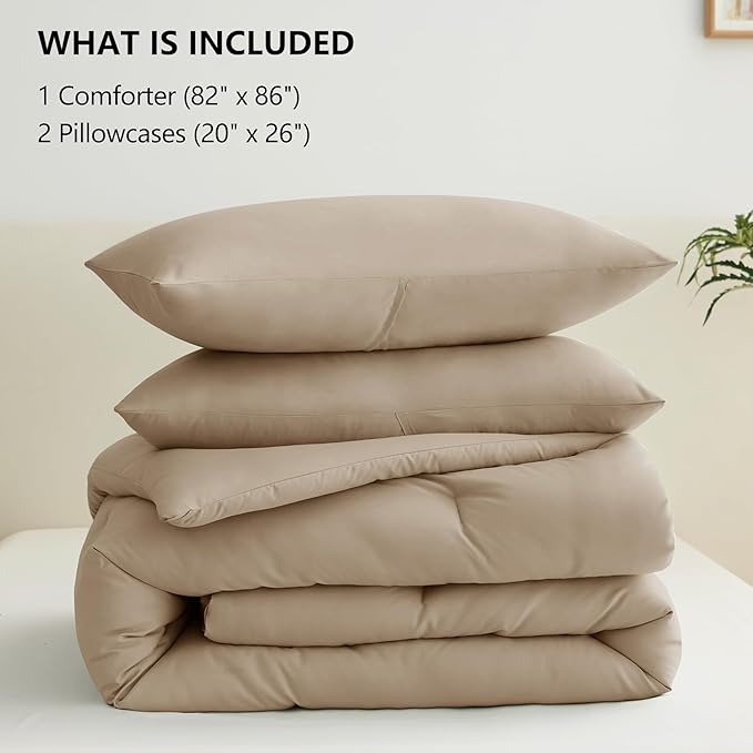 CozyLux Full Size Comforter Set Taupe, 3 Pieces Solid Breathable Quilted Bedding Sets, Luxury Lightweight Soft Bed Set with Down Alternative Comforter and 2 Pillowcases for All Seasons