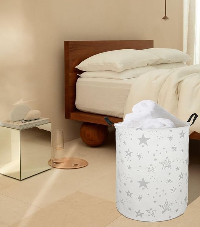 Collapsible Kids Laundry Basket Clothes Hamper, Foldable Storage Organizer Bin, Toy Clothes Storage with Handles for Boys Girls Bedroom, Room Decor Grey Star - Image 3