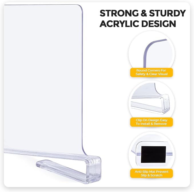 JOY DECOR 12 Pack Acrylic Clear Shelf Dividers for Closets Organizer and Storage Adjustable Vertical Wood Shelf Closet Separators for Clothes,Book,Bags in Bedroom and Kitchen - Image 5