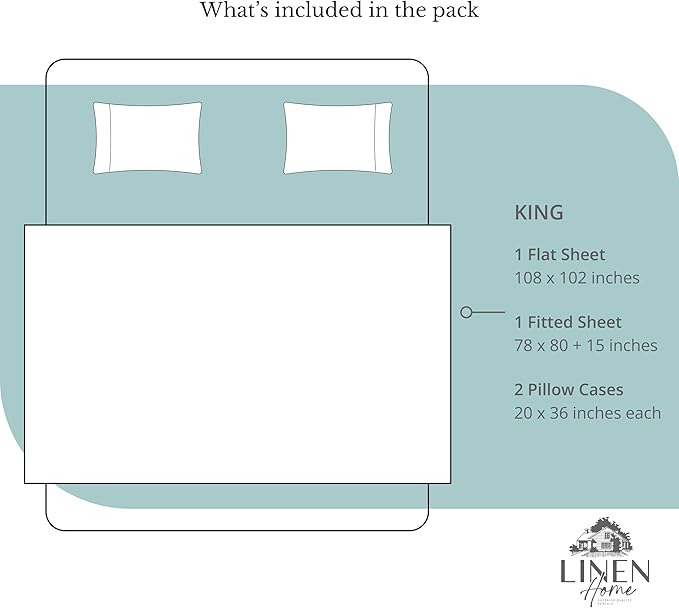 Linen Home 100% Cotton Percale Sheets King Size, Aqua Blue, Deep Pocket, 4 Pieces Set - 1 Flat, 1 Deep Pocket Fitted Sheet and 2 Pillowcases, Crisp Cool and Strong Bed Linen