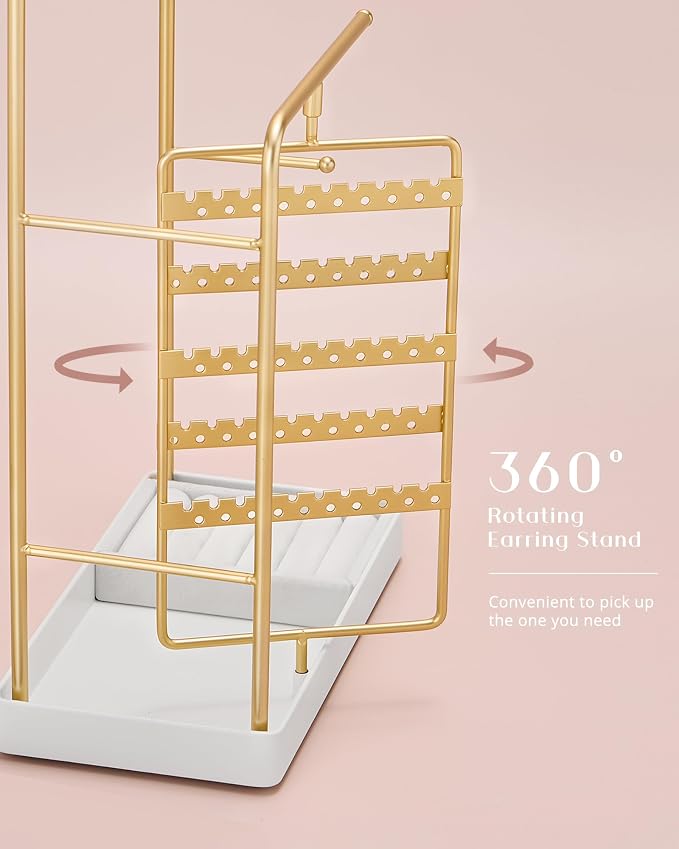 ProCase Jewelry Stand Holder Organizer, Jewelry Display Storage with Ring Tray, Rotating Earring Bracelet Necklace Holder, Valentine's Gifts Room Dorm Decor for Teen Girls -Gold (No-Assembly) - Image 4