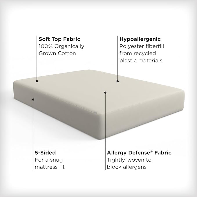 AllerEase 100% Organically Grown Cotton Top Waterproof Mattress Pad Twin XL Size Plush Hypoallergenic Fill Allergy Defense Fabric Machine Washable Stretch Sidewalls Fitted Mattress Cover Topper
