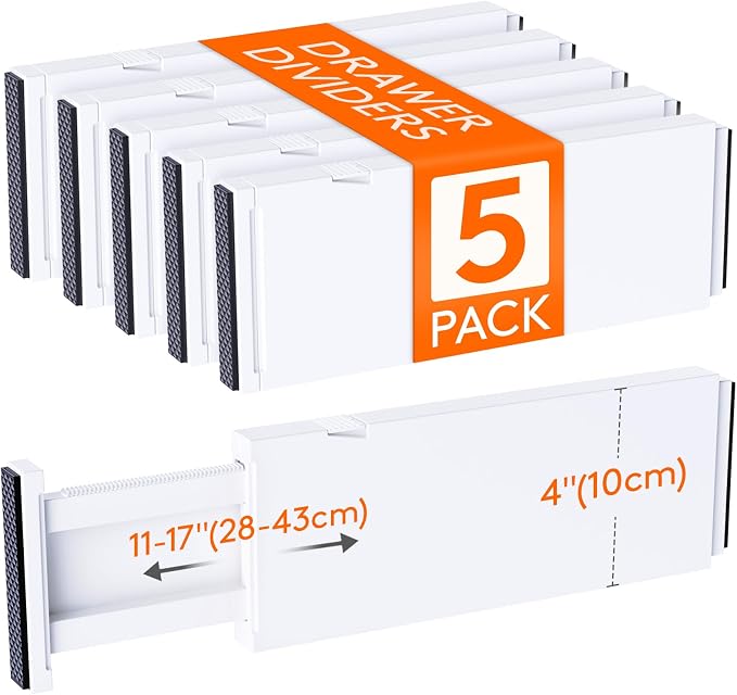 Lifewit 5 Pack 4" High Drawer Dividers 28-43.5cm/11-17" Adjustable Drawer Organizer for Clothes/Utensils, Expandable Drawer Separator in Dresser/Kitchen/Bedroom/Office Organization & Storage White by Lifewit