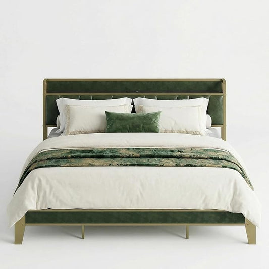 LIKIMIO California King Bed Frame, Storage Headboard with Charging Station, Solid and Stable, Noise Free, No Box Spring Needed, Easy Assembly (Dark Green)