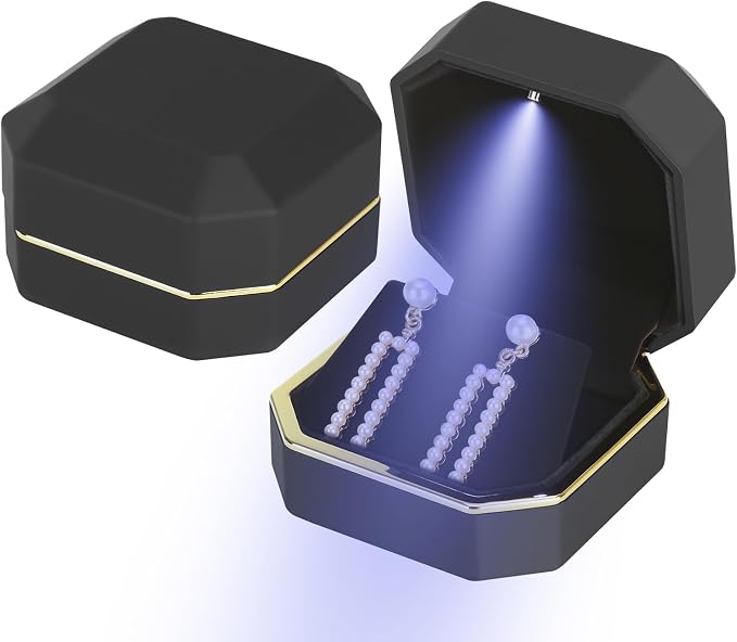 Luxury LED Jewelry Earring Pendant Stud Box, Velvet Earring Necklace Gift Box Storage Case Organizer Holder for Proposal Engagement Wedding Anniversary Birthday Ceremony (Black) by LETURE