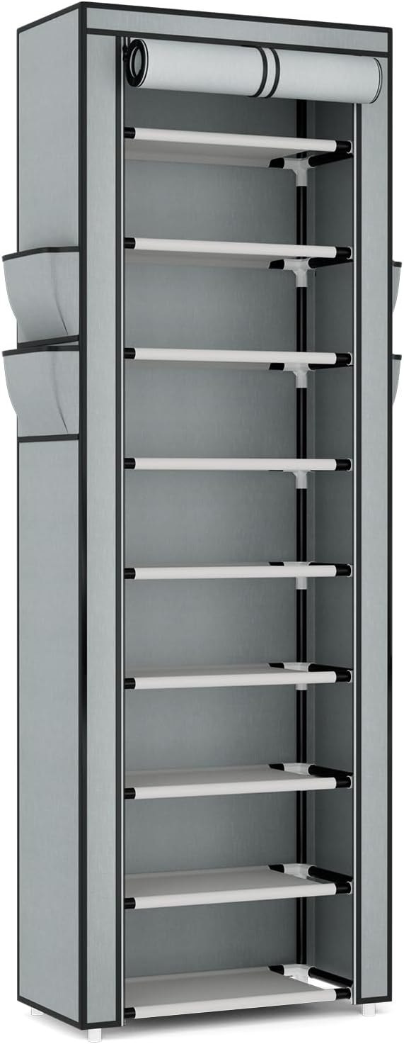 VILICK Shoe Rack with Cover Narrow Shoe Rack Organizer with 4 Side Pockets 10 Tier Tall Shoe Storage Shoe Shelf Holds 18-22 Pairs Shoes and Boots Shoe Rack for Closet, Grey - Image 8