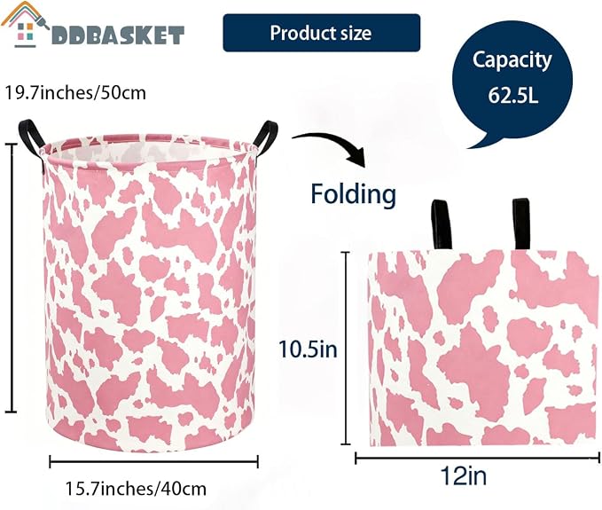Kids Laundry Basket Cow Hamper for Nursery Pink Hamper Cute Kids Storage Bin Organizer Room Decor for Home(Pink cow) - Image 2