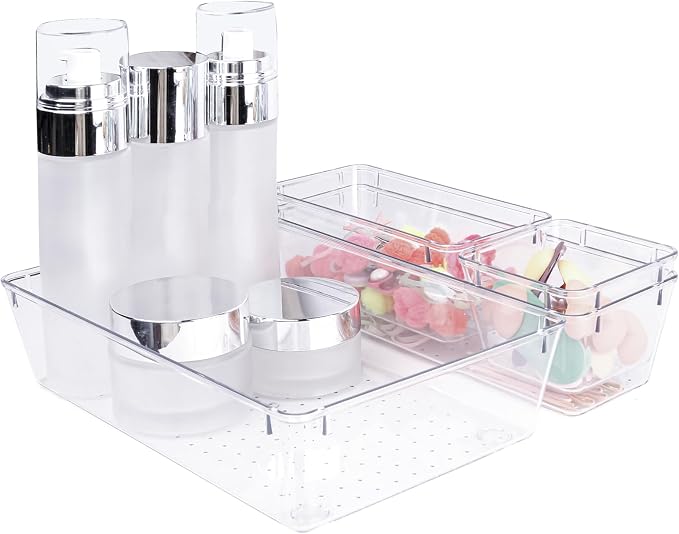 4 PCS Clear Plastic Drawer Organizer, Desk Drawer Divider Organizers and Storage Bins for Makeup, Jewelry, Gadgets for Kitchen, Bedroom, Bathroom, Office (9.0"x3.0"x2.2") - Image 7