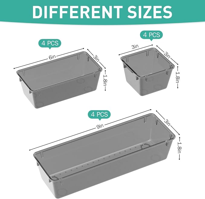 WOWBOX 12 Pack Clear Drawer Organizer Set, Acrylic Drawer Storage Trays, Storage Bins for Makeup, Cosmetics, Jewelries, Utensils, Gadgets, Office, Black - Image 2