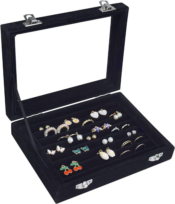 Vicoter Rings Organizer Tray 7 Slots Velvet Jewelry Earring Storage Box with Transparent lid Jewelry Display Case for Girls Wife Mom Women (Black) by Vicoter