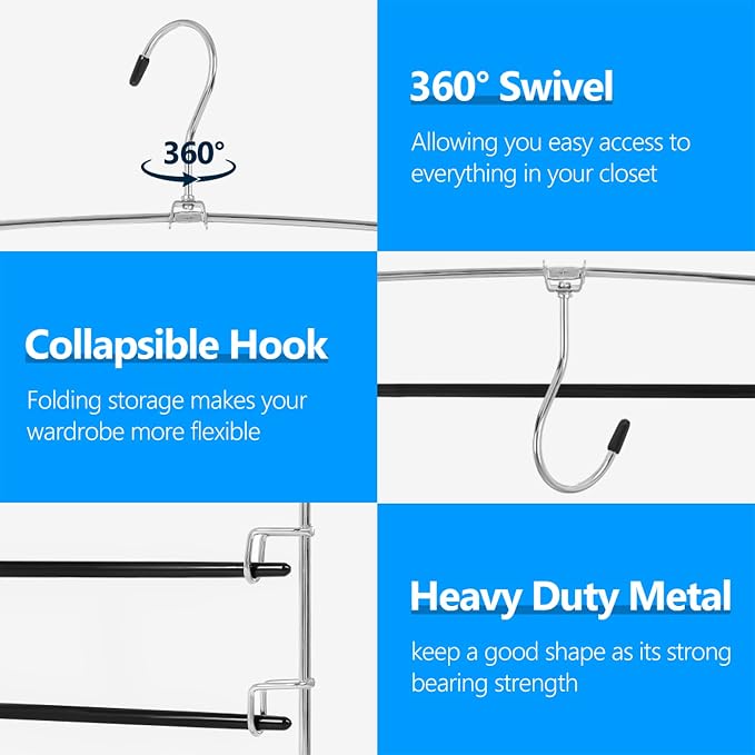 Pants Hangers 3 Pieces,5 Tier Closet Organizers and Storage Clothes Hanger,Hangers Space Saving with Swing Arm,Multiple Metal Hanger Clothes Organization for Pants Trousers Jeans Leggings Slacks - Image 5