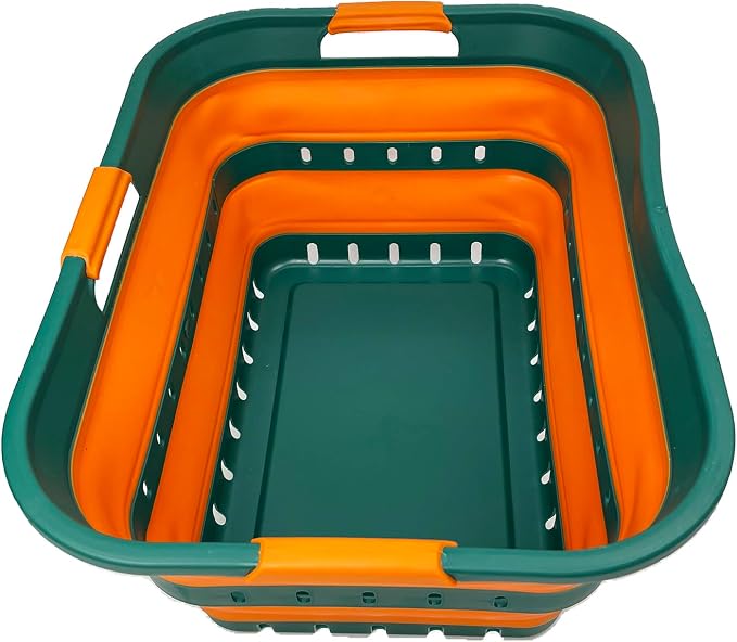 SAMMART 42L (11 gallon) Collapsible Plastic Laundry Basket - Foldable Pop Up Storage Container/Organizer - Space Saving Hamper/Basket (1, Teal Green/Autumn leaf) by SAMMART