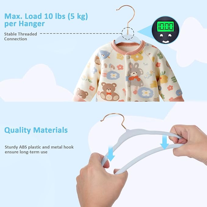Tonswachic Baby Hangers 50 Pack - 11 Inch Premium Velvet Non Slip Kids Hanger for Infant & Toddler Clothes - 0.2" Ultra Thin Baby Closet Hangers with 10 Hanger Clips - Blue - Image 5