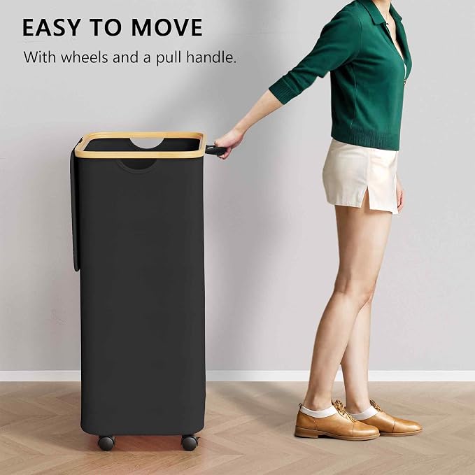 SUOCO Laundry Hamper on Wheels 100L, Clothes Basket with Lid and Bamboo Handles, Foldable Laundry Hamper for Bedroom, Bathroom, Dorm, Laundry Room - Black - Image 4
