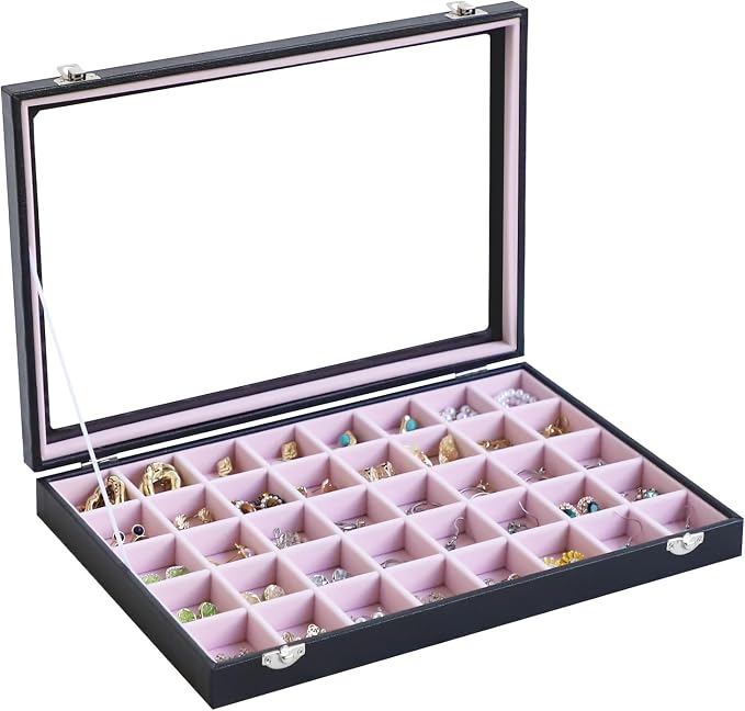 Stratalife Jewelry Organizer 40 Grid Pink Black Jewelry Tray with Clear Dust-proof Lid Velvet Earring Organizer Necklace Rings Holder Display Drawer Storage Case for Women by Stratalife