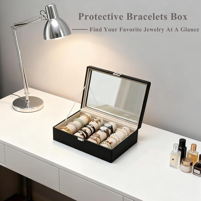 Bracelets Organizer Rods Bangles Display Holder, Clear See through Lid Leather Velvet Jewelry Storage Box Case for Women, 4 Rods Black Leather - Image 3