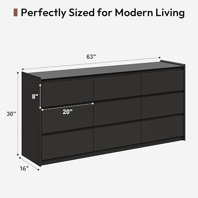 Extra Wide 9 Drawer Dresser for Bedroom, Modern Wooden Chest of Drawers, Sturdy Handle-Free Storage Cabinet with Anti-Tip Kit, Large Console Table for Master Room, Matte Black