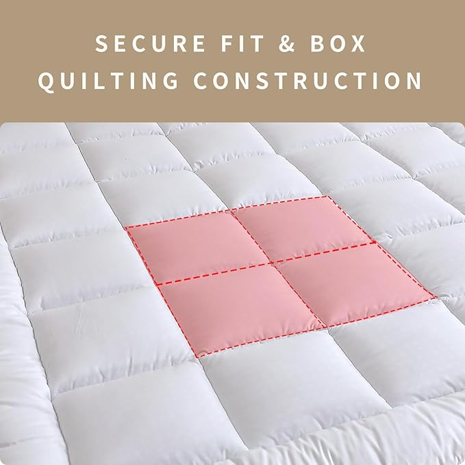 Quilted Fitted Mattress Pad, Elastic Fitted Mattress Topper Protector and Cover Stretches up to 14 Inches Deep, 4 Anchor Elastic Bands, Machine Washable (White, King)