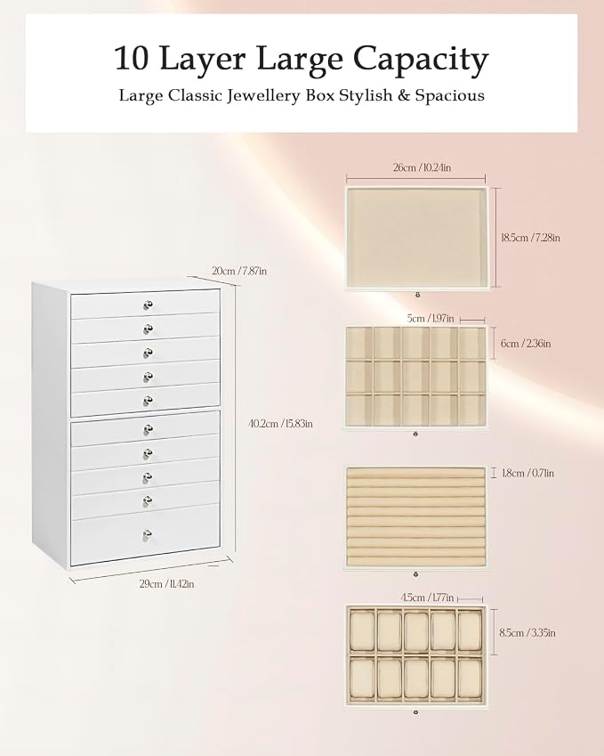 GUKA Large Jewelry Box, Jewelry Case with 10 Drawers for Big and Small Jewelry, Jewelry Storage Organizer for Watch Earrings Necklace Rings Bracelets, Birthday Wedding Gifts, White - Image 3