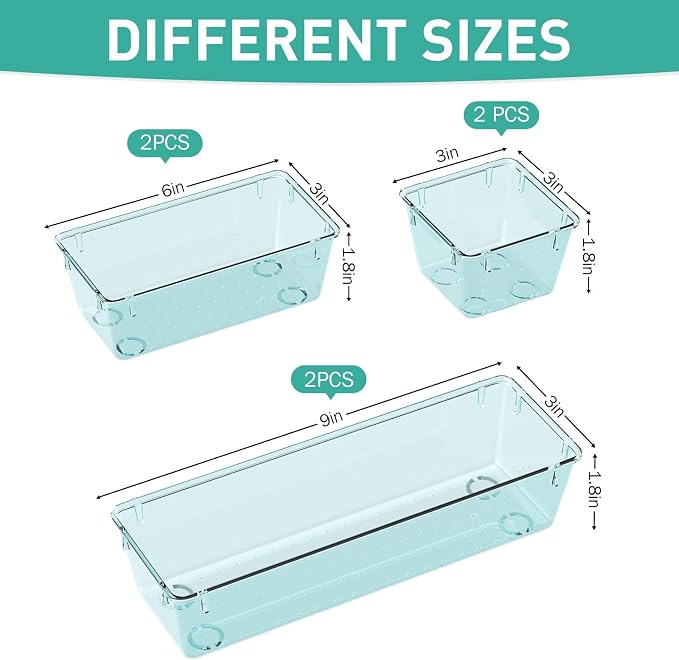 WOWBOX 6 Pack Clear Drawer Organizer Set, Acrylic Drawer Storage Trays, Storage Bins for Makeup, Cosmetics, Jewelries, Utensils, Gadgets, Office, Sea Blue - Image 2