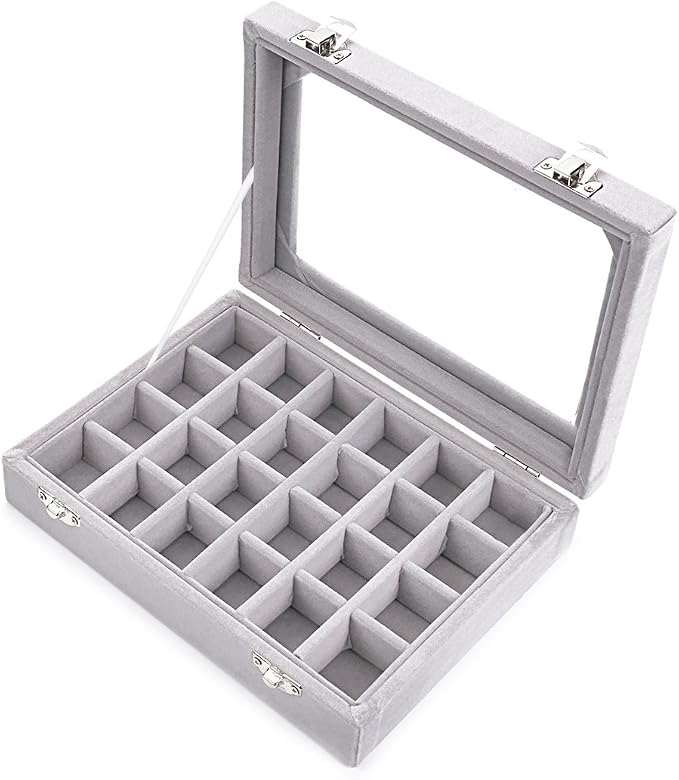 24 Grids Velvet Glass Ring Earrings Jewelry Box Earrings Organiser Storage Holder Display Case by LANTWOO