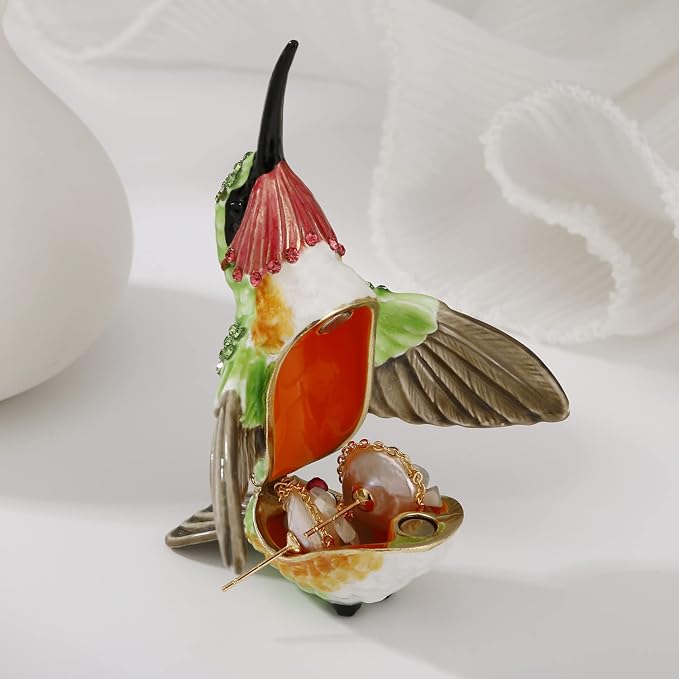 Hand Painted Enamel Hummingbird Trinket Box for Home Decor, Hinged Jewelry Organizer for Ring Earrings, Unique Figurine Keepsake Collectible Personalized Handmade Ornament Gifts (Green Hummingbird-1) - Image 3