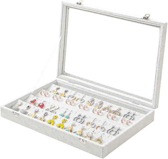 Coward Earring Organizer Tray Box, Grey Beige Velvet Earring Jewelry Display Storage Tray Case with Transparent Glass Lid for Home Drawer or Shop Selling by FocusOnJewelryDisplay15yrs