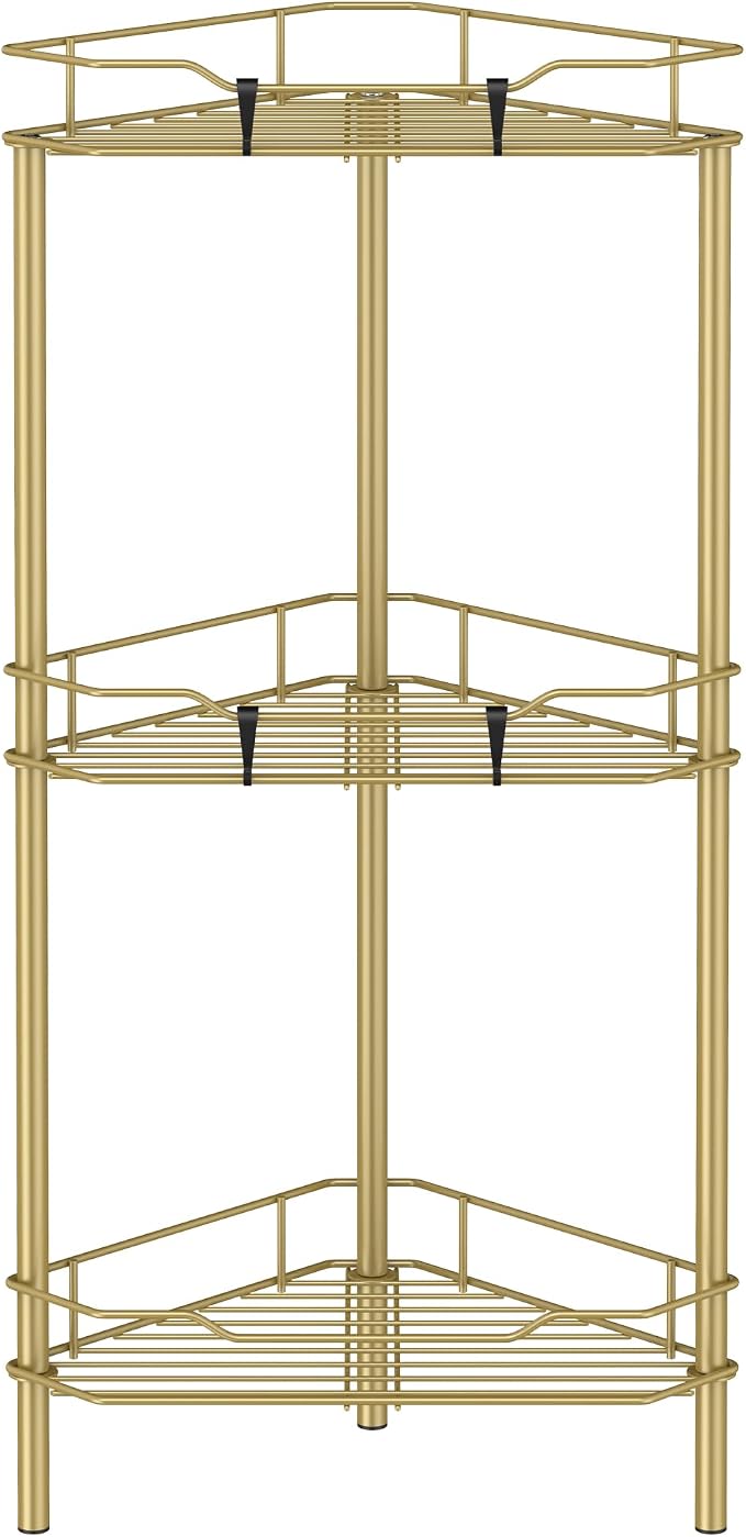 HuggieGems 3 Tier Floor Standing Corner Shower Caddy Organizer Shelf with Hooks, Bathroom Shelves Stand Rack, Gold by HuggieGems