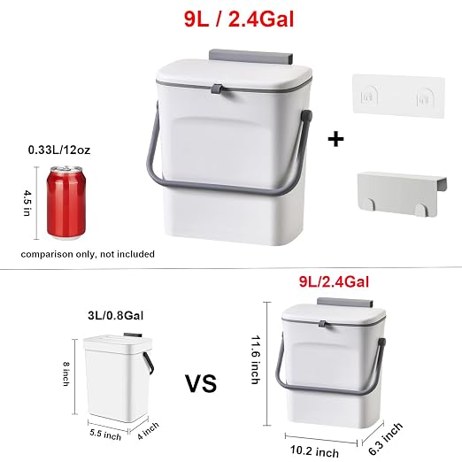 LALASTAR Small Trash Can with Lid, Kitchen Compost Bin for Countertop or Under Sink, Plastic Hanging Waste Basket for RV/Office/Bedroom/Dorm, Mountable, 9L/2.4 Gal, White - Image 6