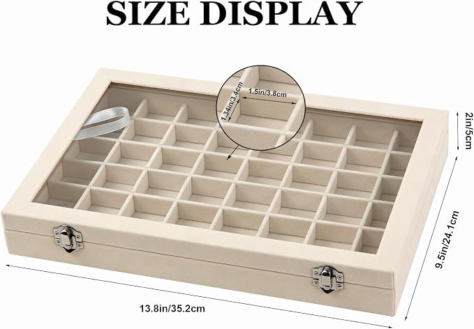 Velvet Jewelry Tray 48 Compartments Jewelry Box Display Organizer with Transparent Cover Earrings, Rings,Necklaces, Pendants Storage Box for Girls, Women,Wife, Mother(Beige) - Image 2