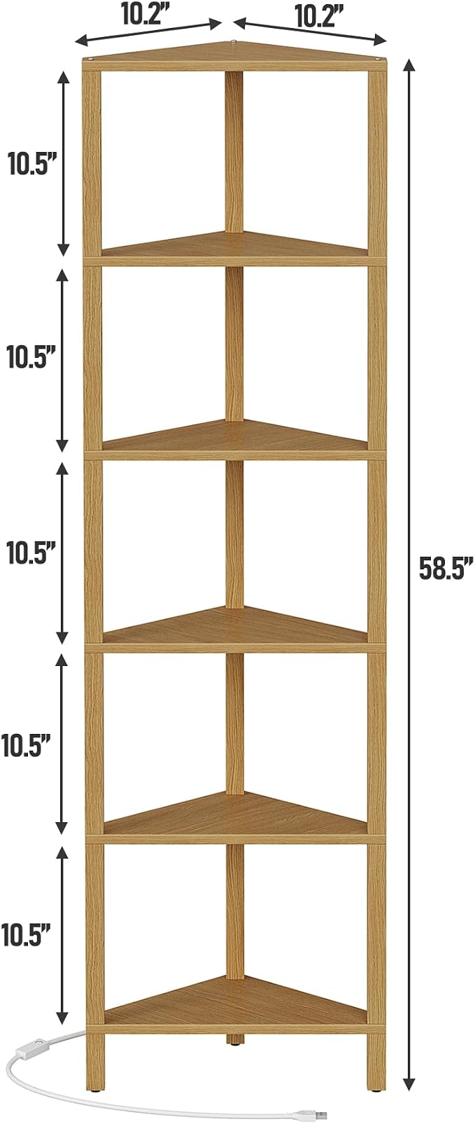 TUTOTAK Corner Shelf with LED Light, 6-Tier Corner Bookshelf for Small Space, Narrow Display Corner Shelf Stand with Storage Rack, for Living Room, Bedroom, Natural BS05BN006L - Image 2