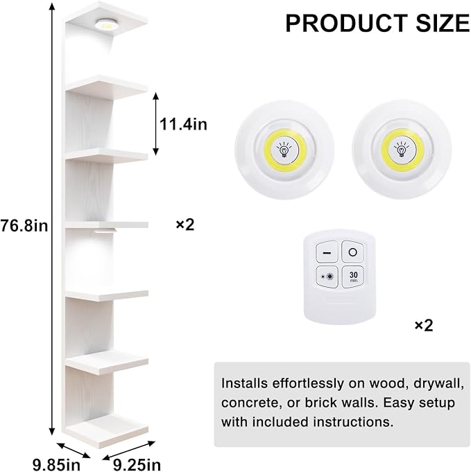 Fixwal 7 Tier Wall Mounted Shelf Set of 2 White Lack Wall Shelf with LED Lights Floating Shelves for Home Decor Organizer Display - Image 3