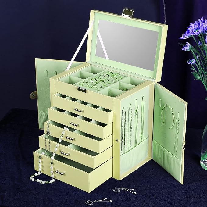 Frebeauty Large Jewelry Box,6-Tier PU Leather Jewelry Organizer with Lock,Multi-functional Storage Case with Mirror,Accessories Holder with 5 Drawers for Necklace Bracelets Watches - Image 6