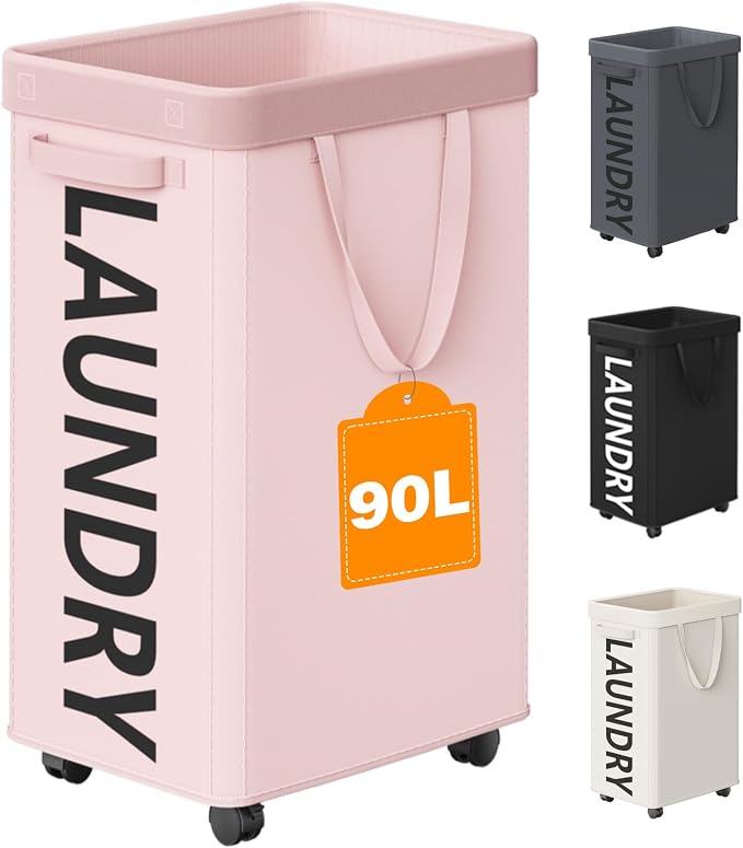 Optish Pink Laundry Basket with Wheels, Dorm Room Essentials for Girls, 90L Rolling Laundry Hamper with Wheels and Removable Mesh Bag for Clothes, Bedroom, Bathroom, College by Optish