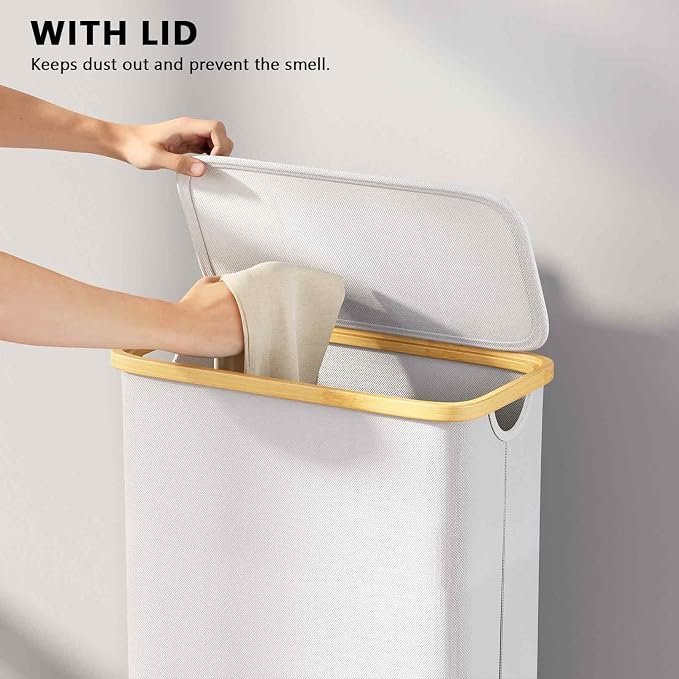 SpaceAid Slim Laundry Hamper with Lid, 65L Narrow Clothes Basket Bin with Bamboo Handles, Skinny Tall Collapsible Hamper for Bedroom, Bathroom, Dorm, Laundry Room - White - Image 8