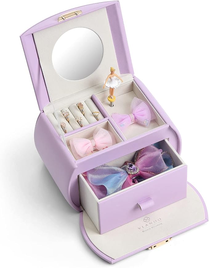 Vlando Musical Jewelry Box with Spinning Ballerina, Lockable Girls’ Jewelry Organizer for Necklaces Rings and Hair Accessories, Gift for Girls and Kids, Purple - Image 4