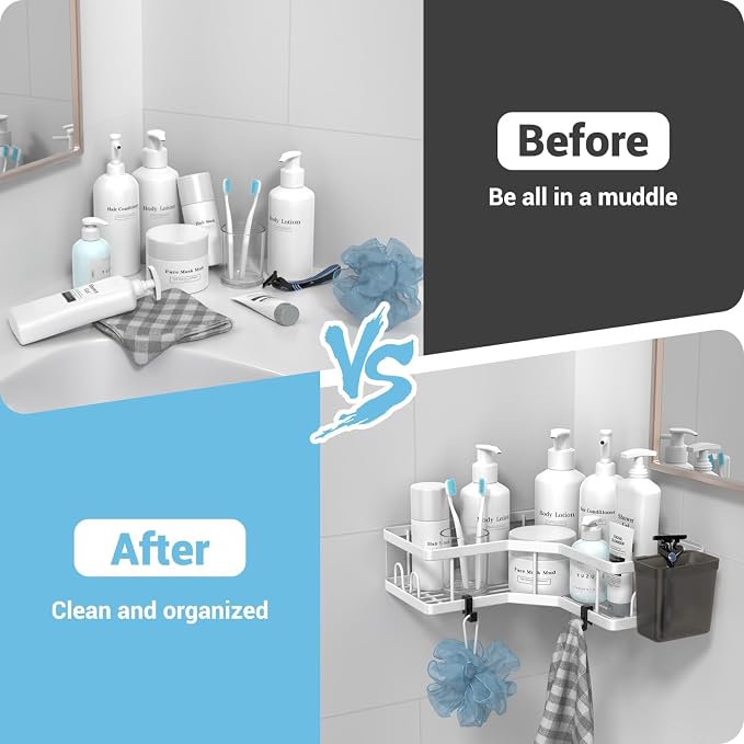 AKTECKE Shower Caddy Corner Organizer Shelf: 2Pack Adhesive Shower Essentials Accessories - No-Drilling Stainless Steel Bathroom Storage Rack with Hooks and Toothpaste Holder - Image 4