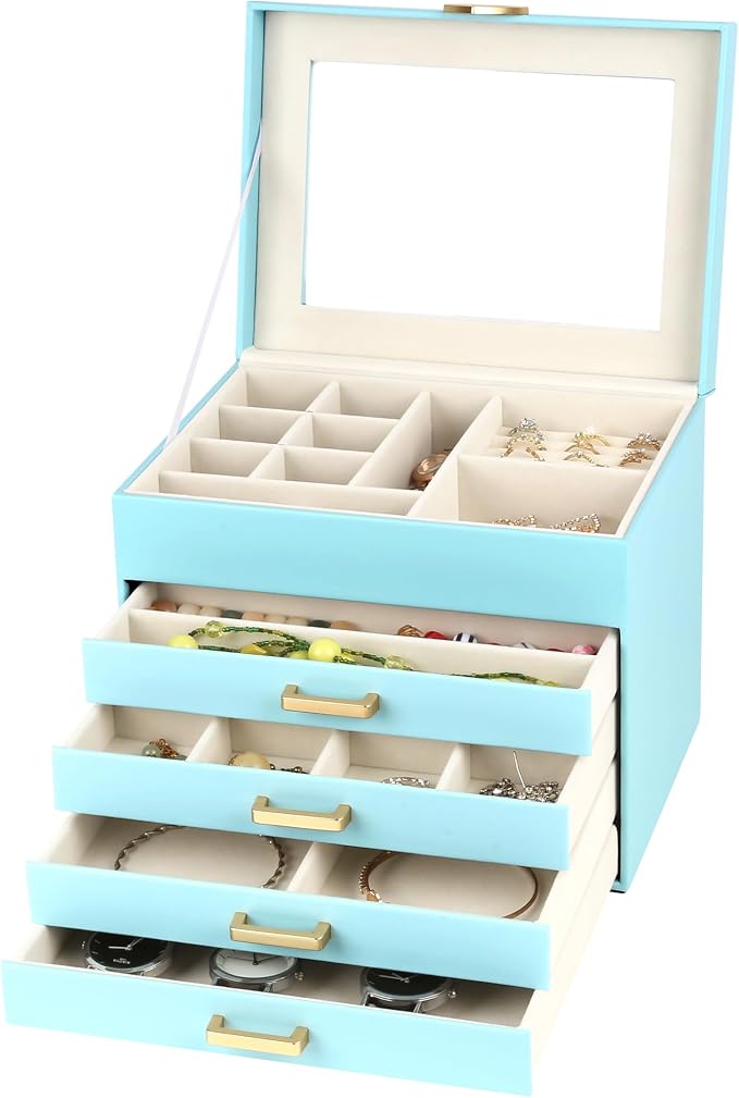 Kendal Jewelry Box, 5-Layer Jewelry Organizer Box with Glass Lid, Blue, Heart Shaped PU Leather, Storage Box for Necklace Earrings Rings Bracelets, Gift Idea for Girls LJC4DRBL - Image 2