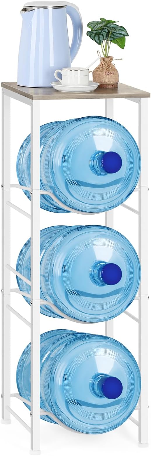 5 Gallon Water Bottle Holder Storage Rack, Water Cooler Jug Holder with Storage Shelves, 3-Tier Water Dispenser Stand for Kitchen Living Room Office, Rustic Grey by OYEAL