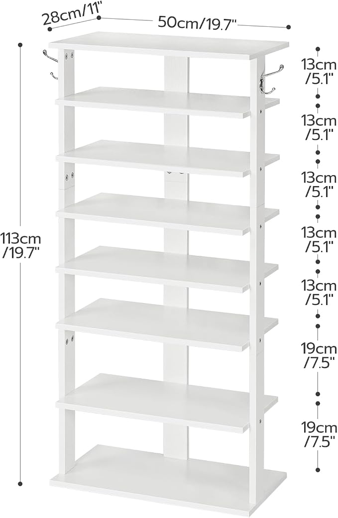 HOOBRO Vertical Shoe Rack, 8 Tier Wooden Shoe Storage Organizer with Hooks, Narrow Shoe Tower for 16 Pairs, Space Saving, for Entryway, Living Room, Bedroom, White WT750XJ01 - Image 8