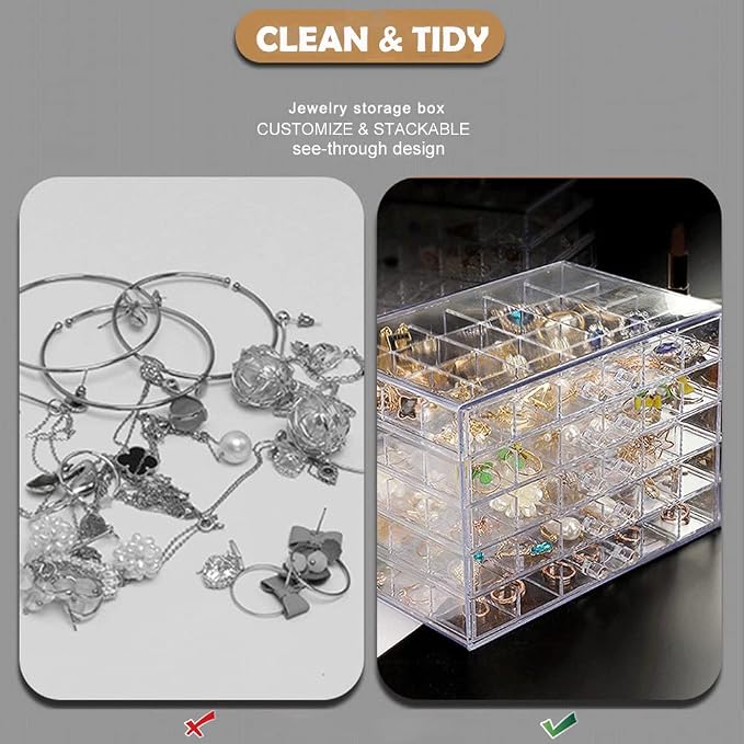 QIYUSHRY Earring Storage Box Acrylic Jewelry Storage Holder Ring Clear Plastic Transparent Jewelry Display Stand with 5 Drawers 120 Small Compartment Tray for Women Girls - Image 5