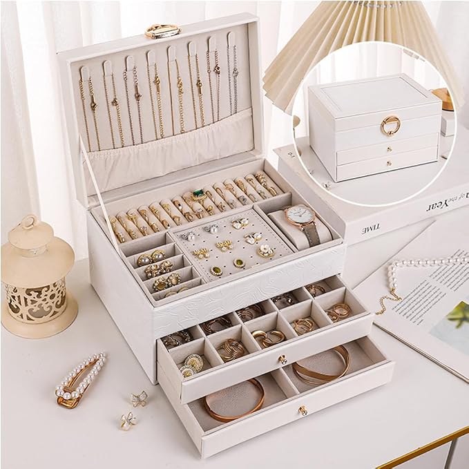 TOFUNTOY Jewelry Organizer Box, Large Jewelry Boxes for Women, 3-Layer Jewelry Holder Organizer for Necklace Earrings Rings Bracelets Storage, Gift for Her Mom - Image 2