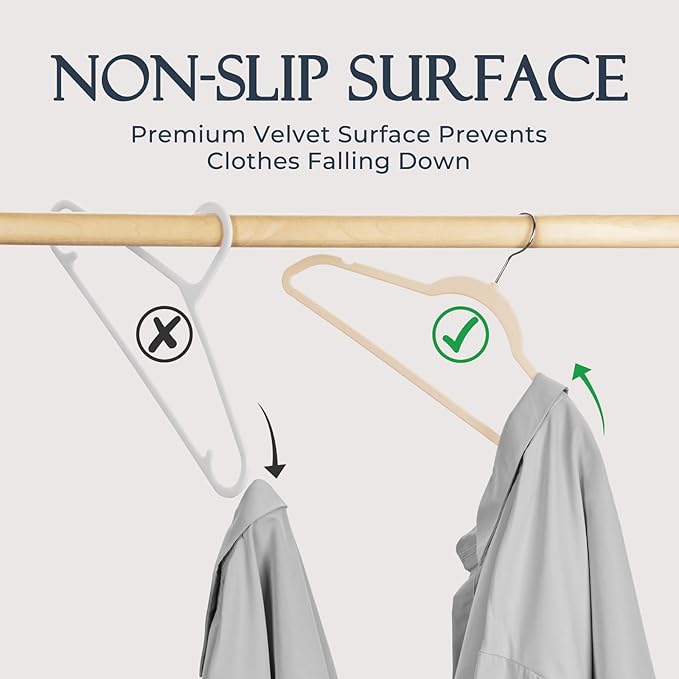 HOUSE DAY Beige Velvet Hangers 60 Pack, Non Slip Clothes Felt Hanger Heavy Duty for Coat, Premium Slim Space Saving Suit Hangers for Closet Organizer, 360° Rotating Silver Hook - Image 2