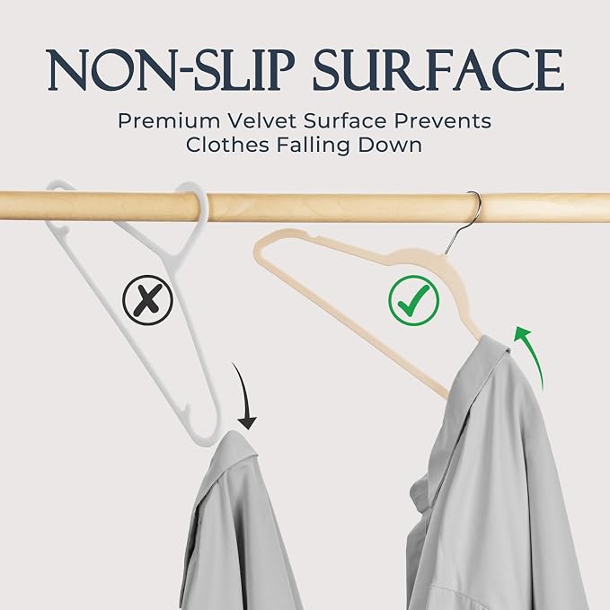 HOUSE DAY Beige Velvet Hangers 20 Pack, Non Slip Clothes Felt Hanger Heavy Duty for Coat, Premium Slim Space Saving Suit Hangers for Closet Organizer, 360° Rotating Silver Hook - Image 2