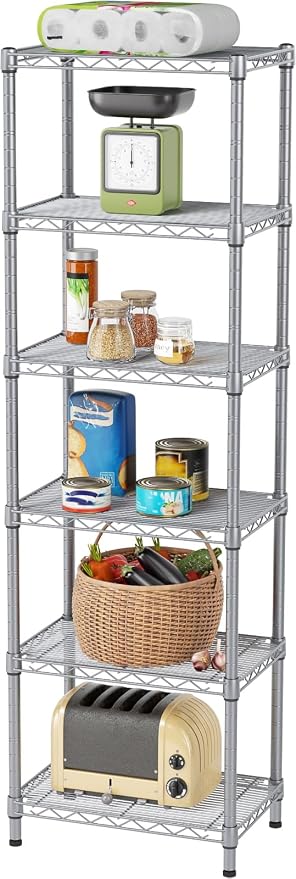 SINGAYE 6 Tier Shelf Wire Shelving Adjustable Storage Shelves Rack Standing Units for Kitchen Closet Laundry Bathroom Organizers Metal Pantry Narrow Mesh Gaps 10" D x 16" W x 60" H Gray by SINGAYE