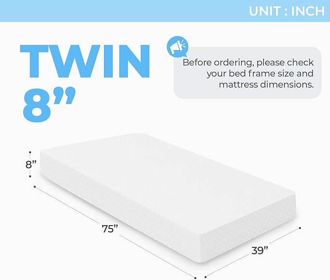 Neo Sleep 8 Inch Twin Cooling Gel Memory Foam Mattress Medium Firm CertiPUR-US Certified Foam, Comfort & Supportive Mattress in a Box Pressure Relief Removable Soft Cover No Fiberglass (Twin, 8 in)