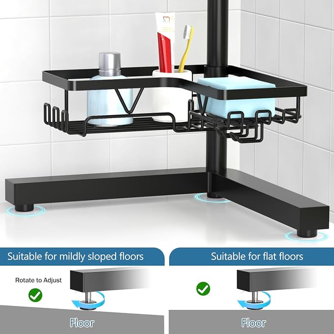 KEGII Floor Shower Caddy Standing – 4-Tier Corner Shower Organizer with Hooks & Soap Holder, Free-Standing Bathroom Storage Rack for Shampoo & Toiletries, Black - Image 3