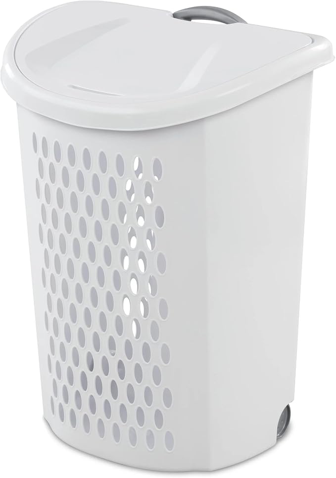Wheeled Plastic Laundry Hamper with Handle, White - Easy Transport for Laundry, Durable Plastic, Rolling Design, Perfect for Bathroom & Bedroom Storage by Unknown